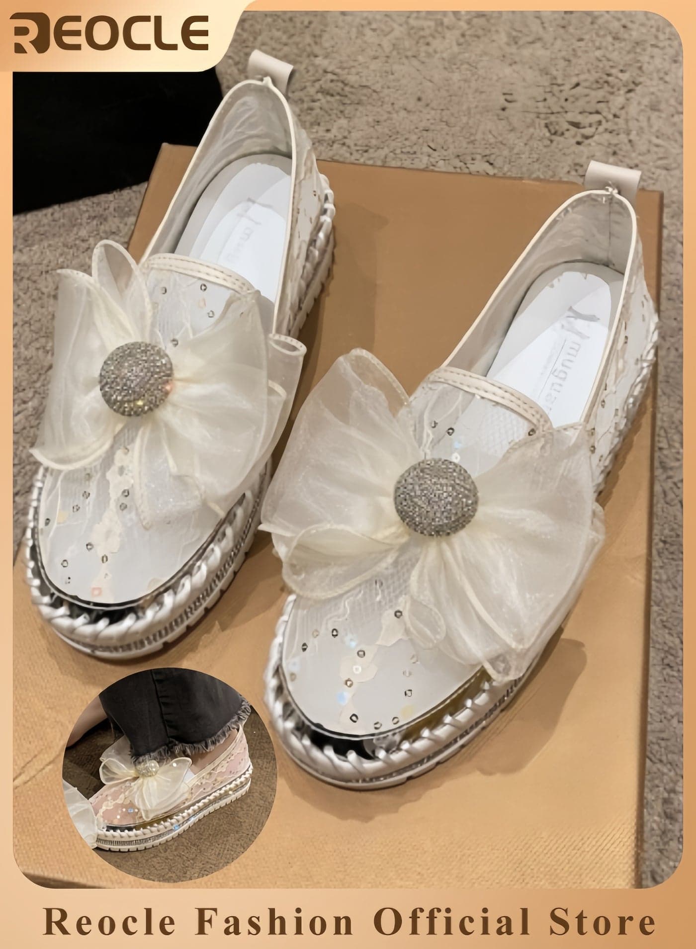 Women's Loafers Glitter Bow Mesh Platform Shoes Rhinestones Shoes Breathable Mesh Shoes Casual Walking Shoes Soft Lightweight Shoes for Daily Wear