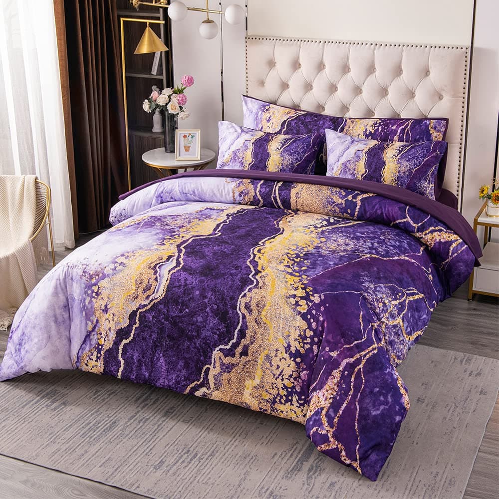 PERFEMET 6 Pcs BedinABag Purple Watercolor Marble Pattern Comforter Colorful Abstract Artwork Bedding Set Modern Ultra Soft Lightweight Comforter Set for All Season UsePurple Full