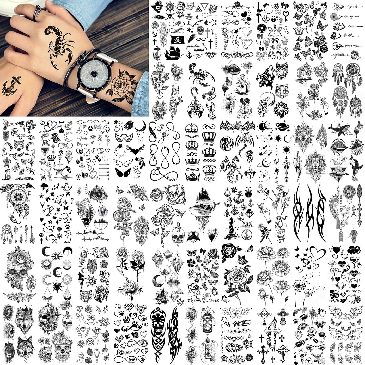 FANRUI 52 Sheets Creative Black Tiny Crown Infinity Triangle Fake Tattoos For Men Women Realistic Stars Letters Tattoos For Kids Temporary Waterproof Arm Hand Face Finger Neck Tatoo Stickers