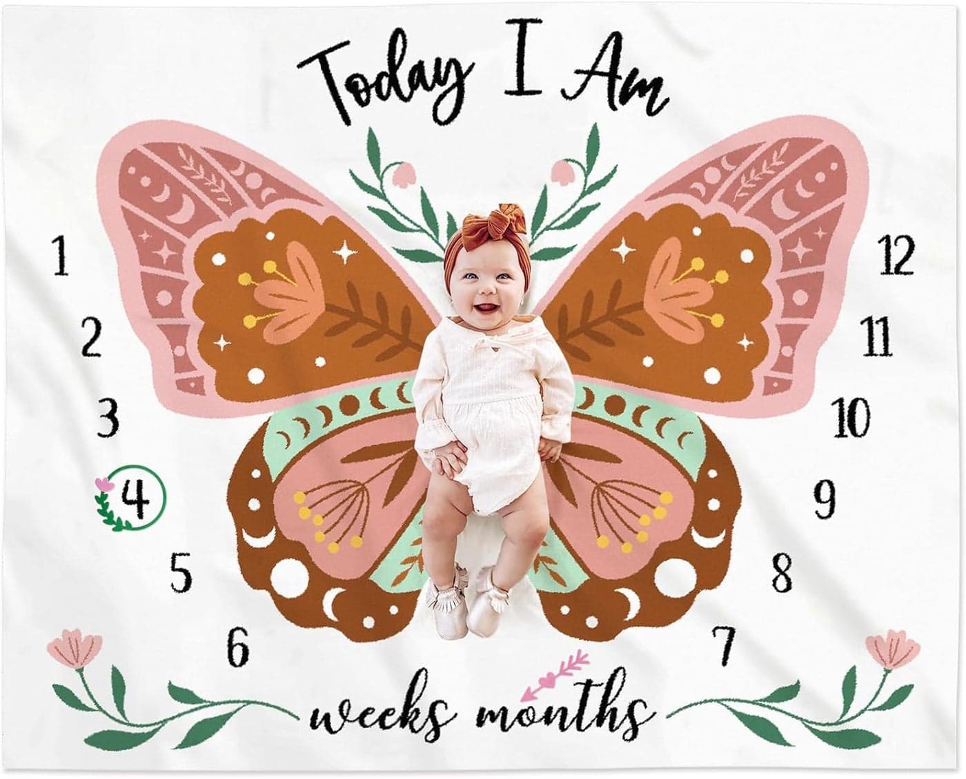 Boho Baby Blanket Butterfly Monthly Milestone Bohemian Floral Girl Photo Prop Sage Green and Pink Blanket Ideas for Personalized Baby Stuff Shower Newborn Decorations Nursery Gift Decor Mom