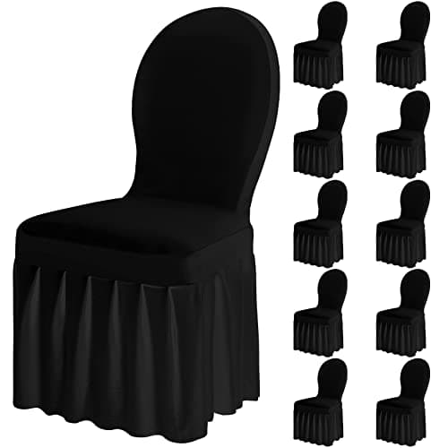 Oudain Chair Slip Covers with Skirt Wedding Long Stretch Spandex Dining Chair Cover Protectors Removable and Washable for Hotel and Wedding Ceremony(Black,10 Pieces)