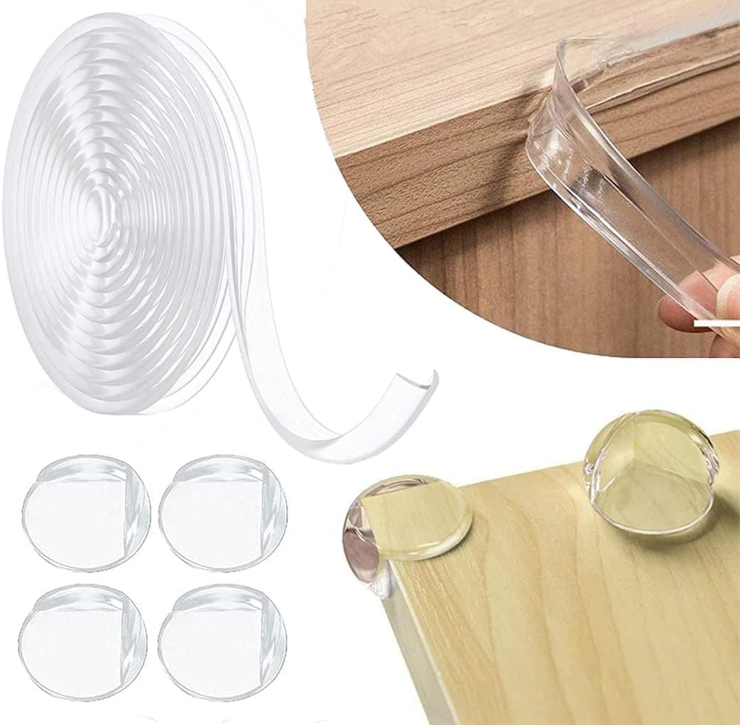 Safety Edge Corner Protector Set, Clear Baby Proofing Guards, Soft Silicone Bumper Strip 15.7ft(4m) with Round Child Edge Protector(4pack) for Cabinets,Tables,Furniture(4M)