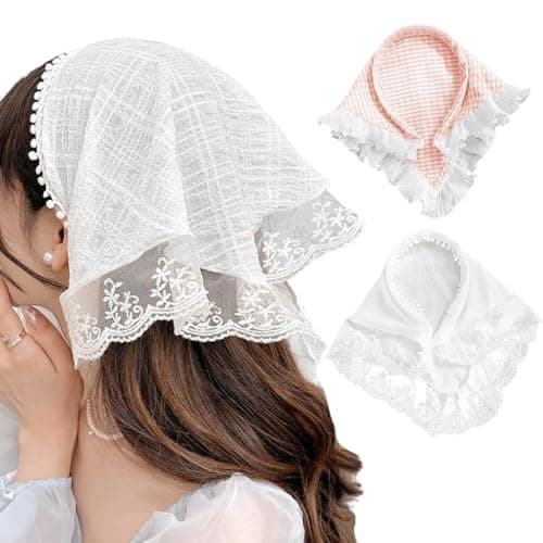 MAYCREATE® Hair Scarf for Women Stylish 2 Pcs Sweet Lace Hair Band for Girls Kids Bandana Scarf Lovely White Lace Headband Pink Plaid Bow accessories for Girls headband Bandanas Headpieces