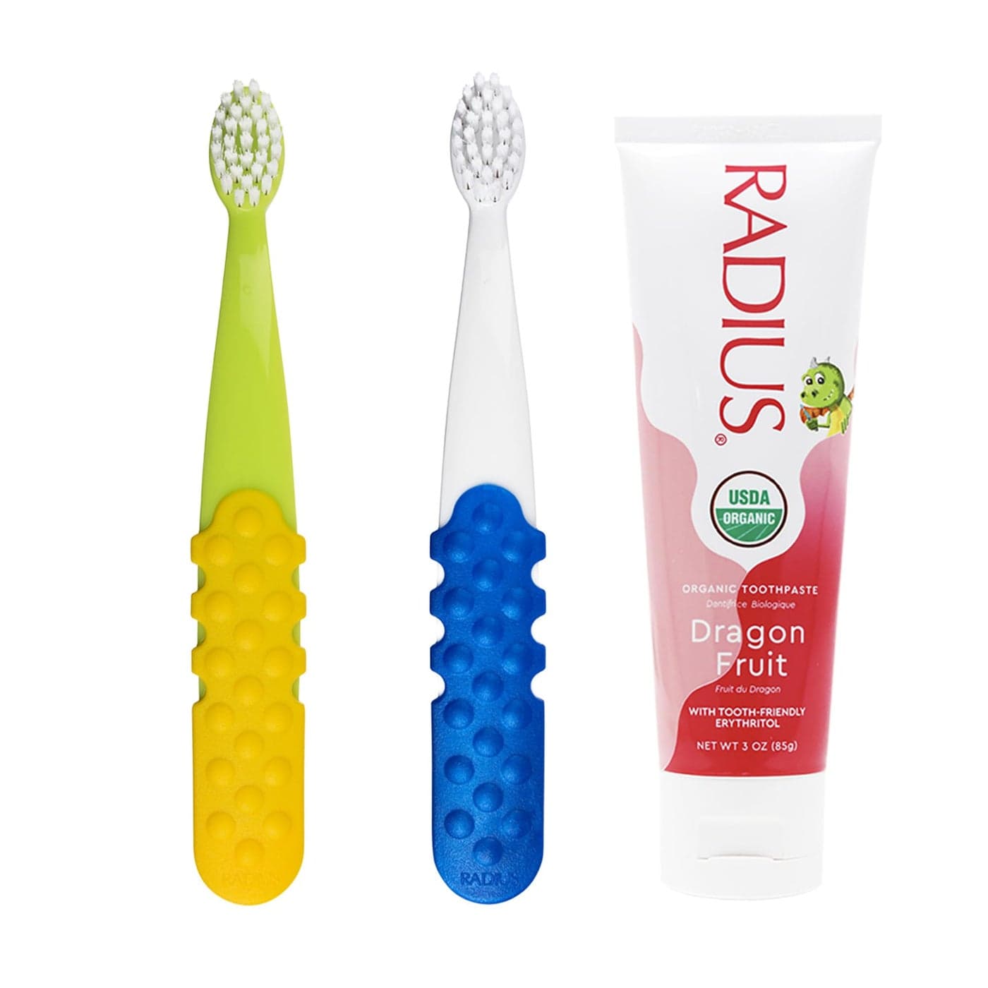 RADIUS Toddler Toothbrush and Toothpaste Bundle for Kids 2 Pack Totz Plus Silky Soft Brush in WhiteSapphire Blue and GreenYellow and 1 Count Dragon Fruit Toothpaste for Children 18 Months and Up