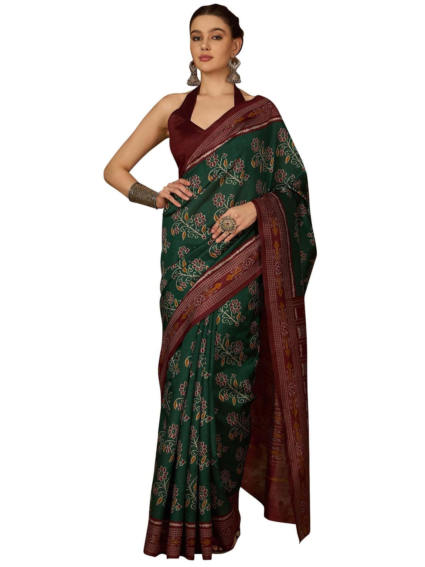 SAREE MALL Women's Green Bhagalpuri Silk Ikat Printed Saree With Unstitched Blouse (34WOM34911_HS)