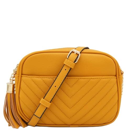 FashionPuzzle Chevron Quilted Crossbody Camera Bag with Chain Strap and Tassel (Mustard) One Size