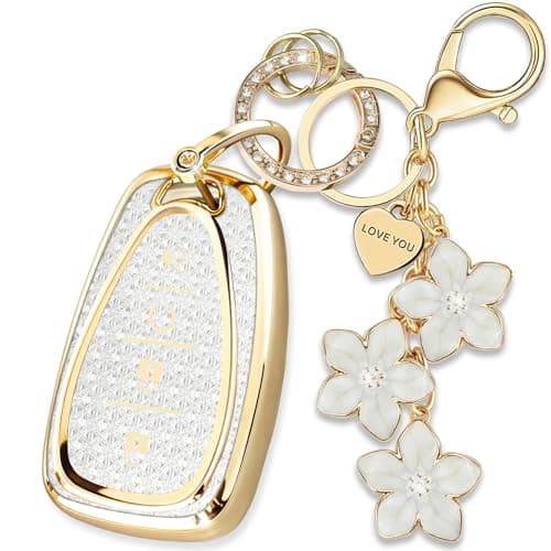 Yekoubo White TPU Key Fob Cover with Sakura Flower Keychain Compatible with Chevy Trailblazer Blazer Camaro Cruze Traverse Equinox Malibu Bolt EV Sonic Spark Trax Volt 4Button Smart Key for Women