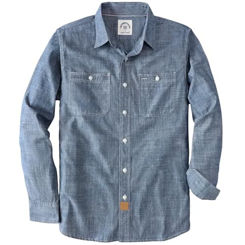 Dubinik® Chambray Shirt Men Long Sleeve Cotton Work Shirts with 2 Pockets Casual Button Down Denim Blue