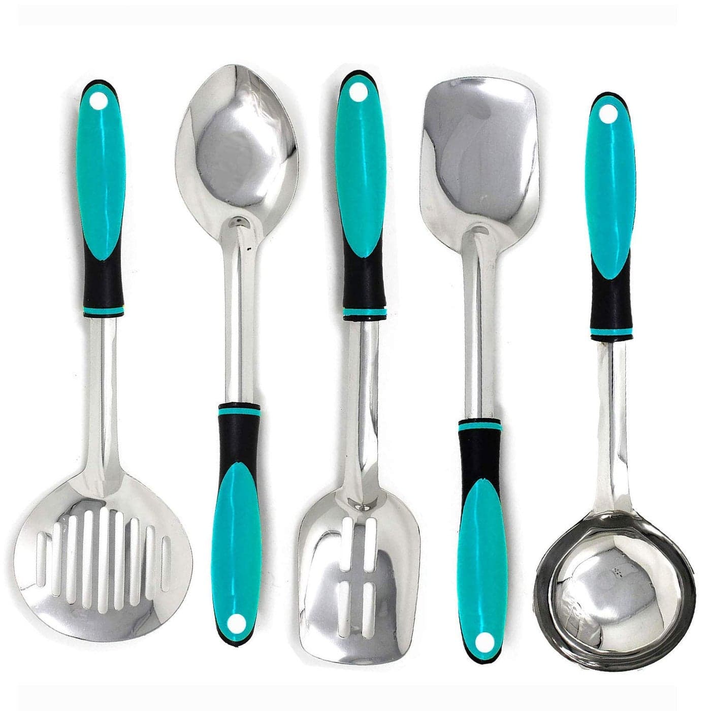 Effigy onlinehub Stainless Steel Serving and Cooking Spoons Set of 5 pc Combo1 of Slotted Turner 1 of Ladle 1 of Skimmer 1 of Serving Big Spoon 1 of Flex TurnerSkyBlue