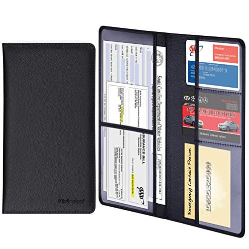 Wisdompro Car Registration and Insurance Documents Holder Premium PU Leather Vehicle Glove Box Paperwork Wallet Case Organizer for ID Drivers License Key Contact Information Cards Black