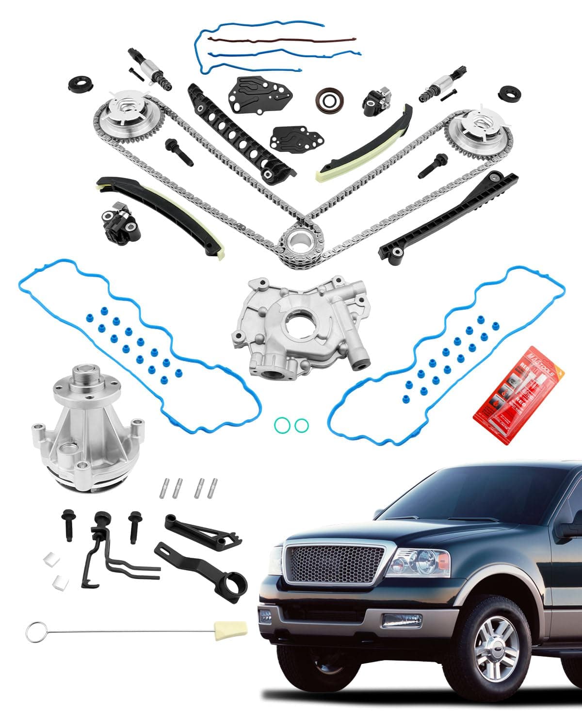 Timing Chain Kit 5.4 L, 2004-2011 Ford Expedition F-150 F-250 F-350 Super Duty, Lincoln Mark Lt Navigator, with Oil/Water Pump Timing Belt Tools, 5.4L V8 3-Valve Engine, 5L3Z-6268-A, 3R2Z6A257DA