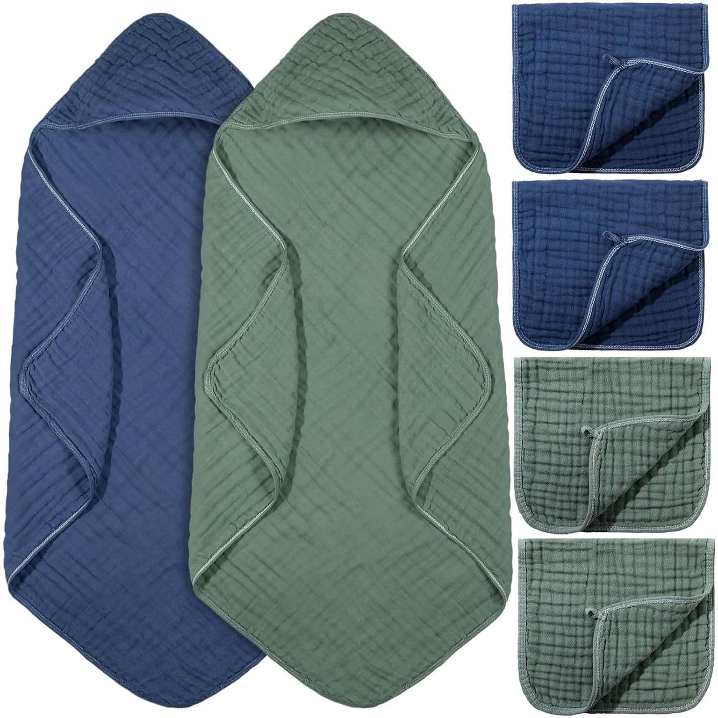 6 Pcs Baby Muslin Hooded Bath Towels and Washcloths 32 x 32 Inch Cotton Absorbent Blankets for Newborn Infant Shower Gift Green Blue