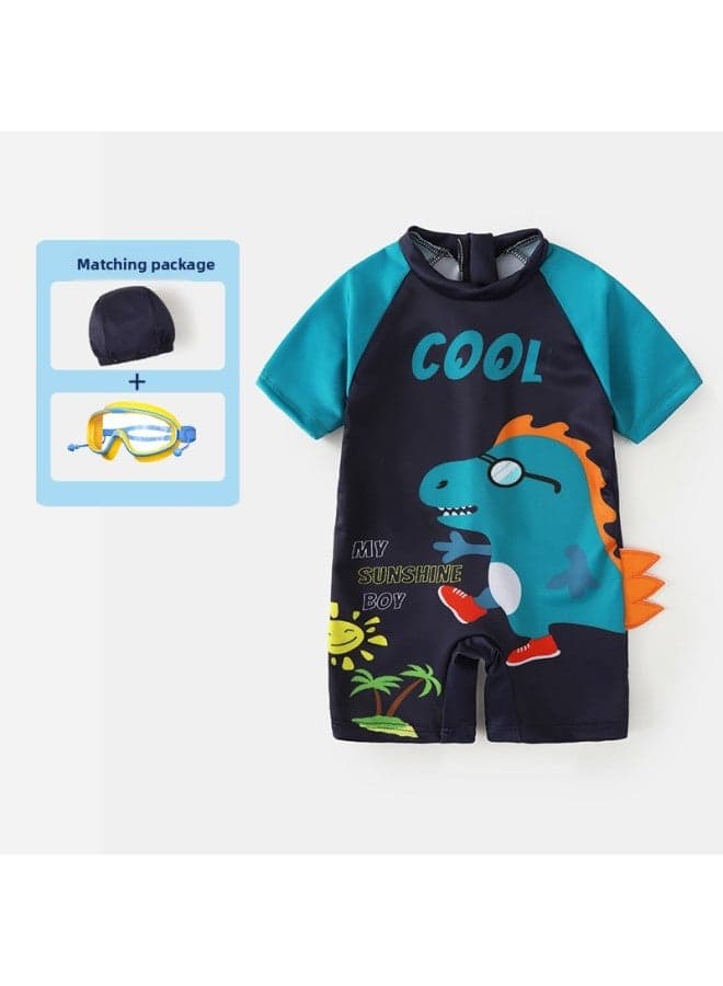Children's Swimwear Boys' Hooded Swimming Suit Kids Boys Swimming Trunks Big Kids Professional Hot Spring Swimwear-Color:Glasses Dinosaur Swimsuit Hat Yellow Goggles-