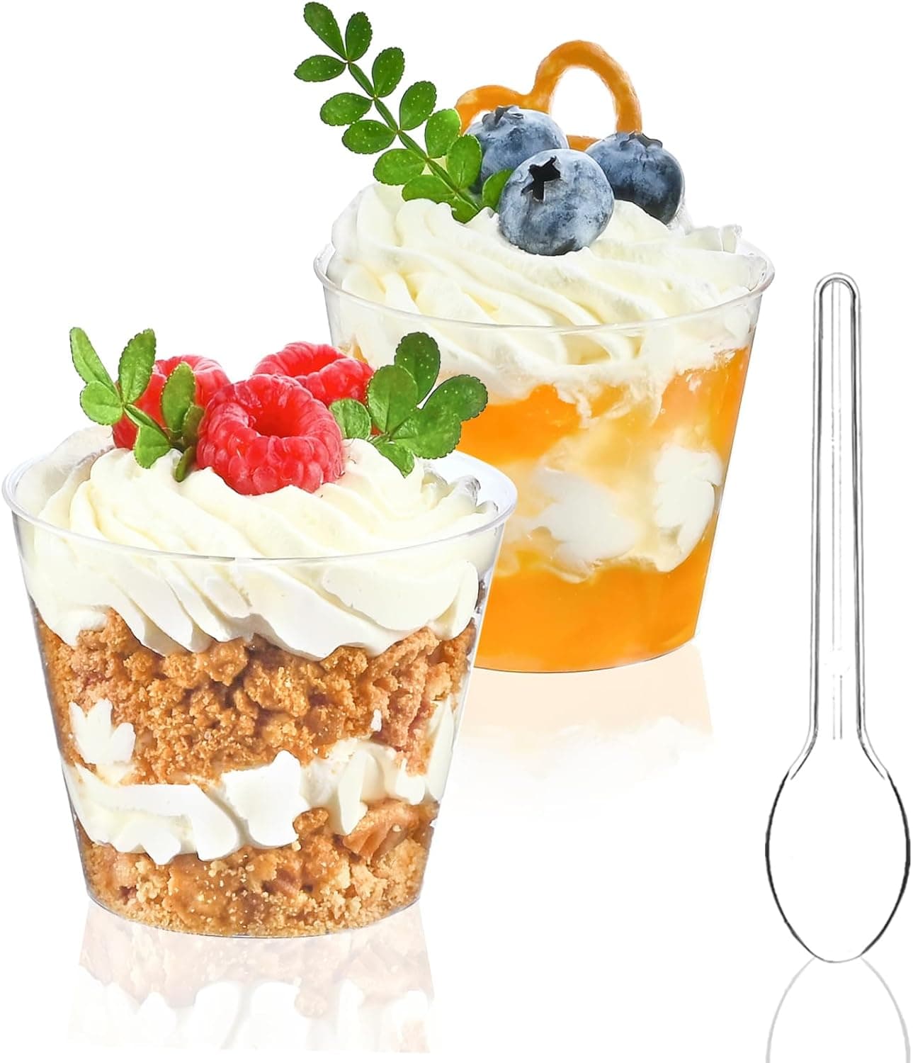 TOFLEN 50 Pack 5 oz Mini Dessert Cups with Spoons Round Cake Cups Party Serving Cups for Parfait Appetizers Cocktails Dessert Shooters Dessert Shot Glasses