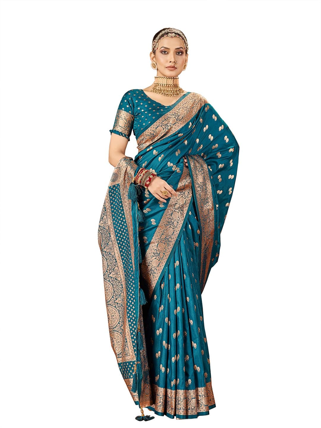 Mehrang Ornate Embroidered Teal Silk Saree with Zari Work, 6 Metres (Indigo Blue)
