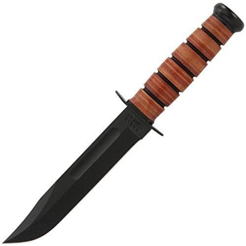 KA-BAR USMC Fighting Fixed Blade Knife 7" Clip Point 1095 Cro-Van Black Powder Coat Blade Stacked Leather Handle Black/Brown