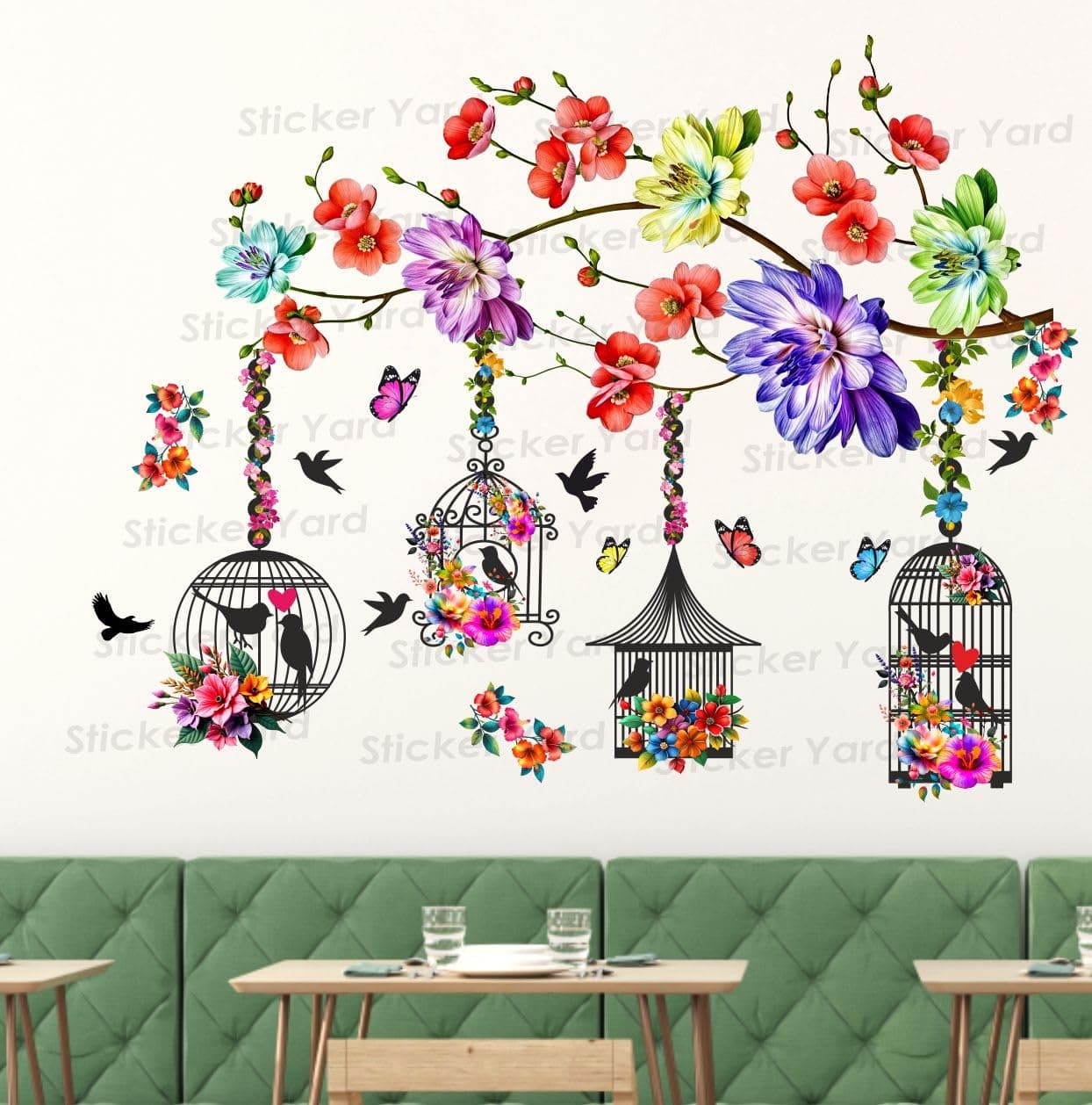 StickerYard PVC Vinyl Colorful Flowers Branch Cages Self-Adhesive Wall Sticker for Home Decor/Decoration - Living Room, Bedroom, Kids Room (Multicolor, Size: 73X91 Cm)