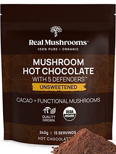 Real Mushrooms Unsweetened Hot Chocolate Mix with 5 Defenders – Reishi, Chaga, Turkey Tail, Maitake, Shiitake – Coco Powdered Unsweetened – Organic Cacao Powder Supplement, Vegan, 15 Servings
