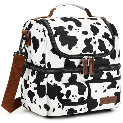 LOKASS Lunch Box for WomenDouble Deck Insulated Adults Lunch Bag with Removable Shoulder StrapCow Print Cute Wide Open Lunch Tote for WorkOfficePicnicBeachTravel