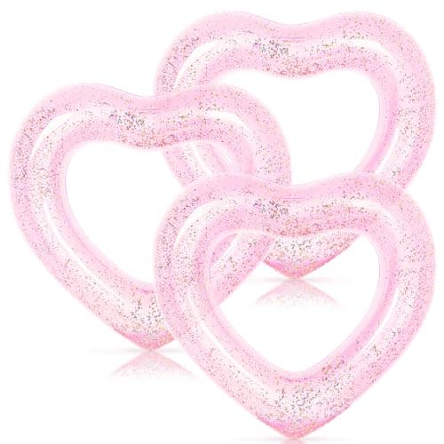 Whaline 3Pcs Inflatable Heart Pool Float with Glitter Inside Pink Swim Pool Rings Float Loungers Tube for Summer Pool Beach Bachelorette Party 473 x 394 Inch