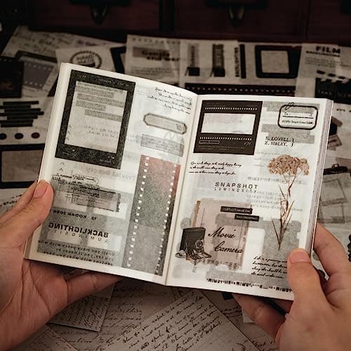 Dizdkizd Washi Stickers Book for Journaling Vintage Scrapbook Ephemera with 180pcs Film Stickers and 20 Adhesive Scrapbooking Papers Junk Journaling Supplies