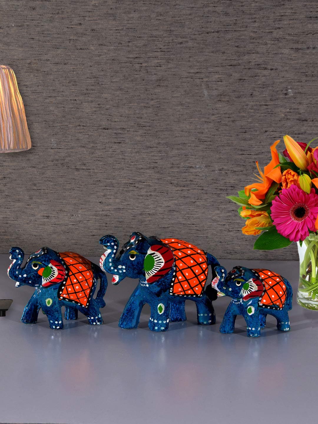 DreamKraft Paper Mache Elephant Showpiece for Home Decoration - Blue (Set of 3) Handcrafted Antique Rajasthani Figurines