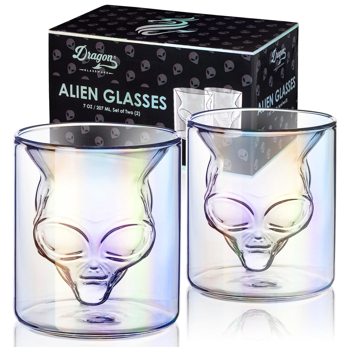Dragon Glassware Alien Drinking Glasses 7 oz Set of 2 Unique Double Wall Grey Alien Inspired Design from Area 51 Novelty Gift for Outer Space Enthusiasts Fun and Stylish Tumblers