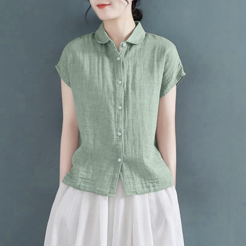 Summer Style Lapel Design Loose Small Flying Sleeve Cotton And Linen Shirt Loose Slimming Top