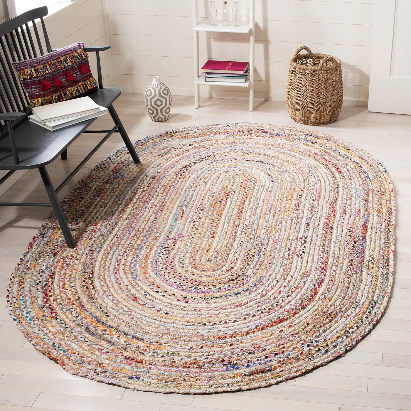 SAFAVIEH Cape Cod Collection Area Rug 3 x 5 Oval Beige Multi Handmade Boho Braided Jute Cotton Ideal for High Traffic Areas in Living Room Bedroom CAP202B