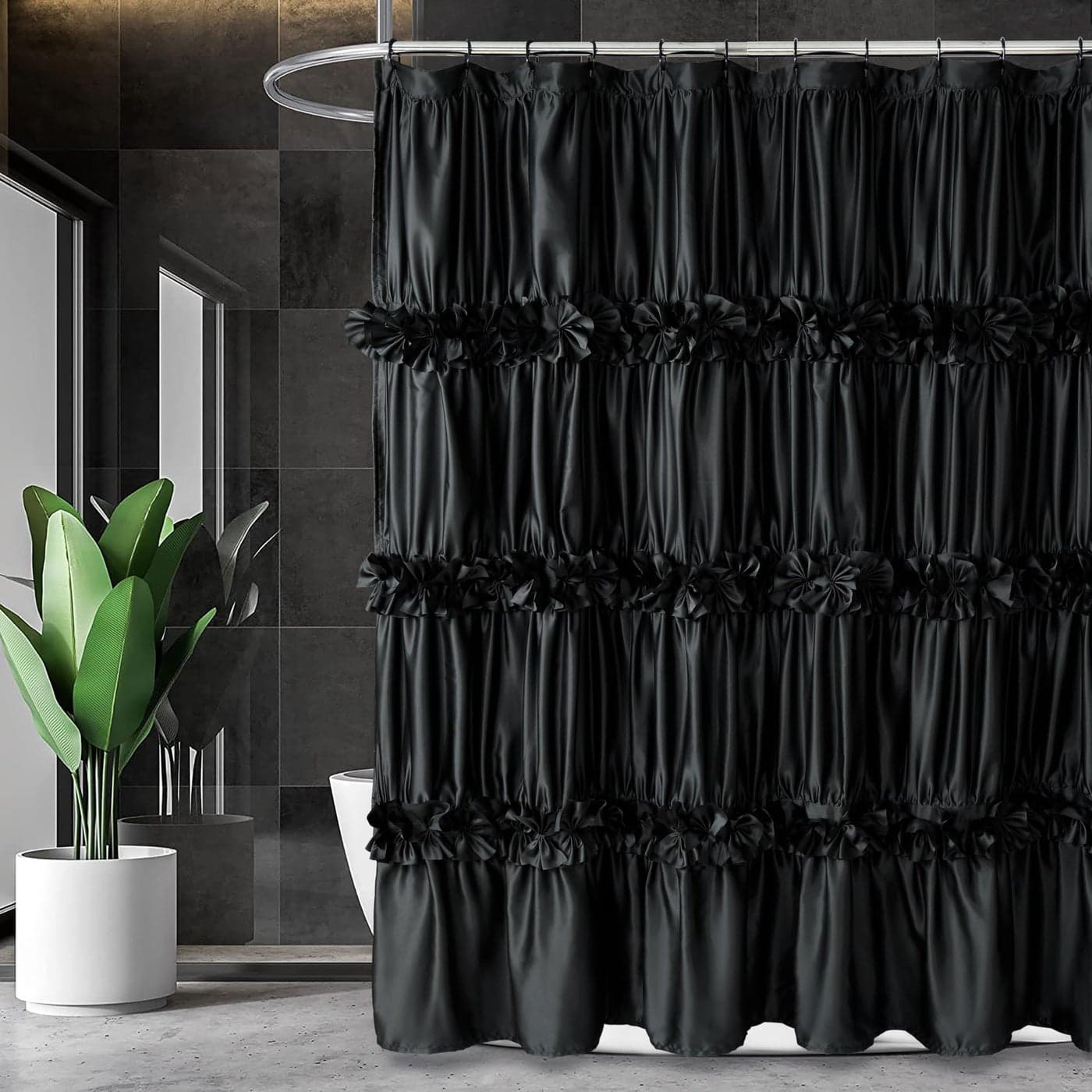 Homechoice Decor Black Ruffle Shower Curtain Vintage Handcrafted Bow Tie Bath Curtain for Master Bathroom Ruched Satin Bathroom Curtain with 12 Buttonholes 72 W x 84 H LQ10