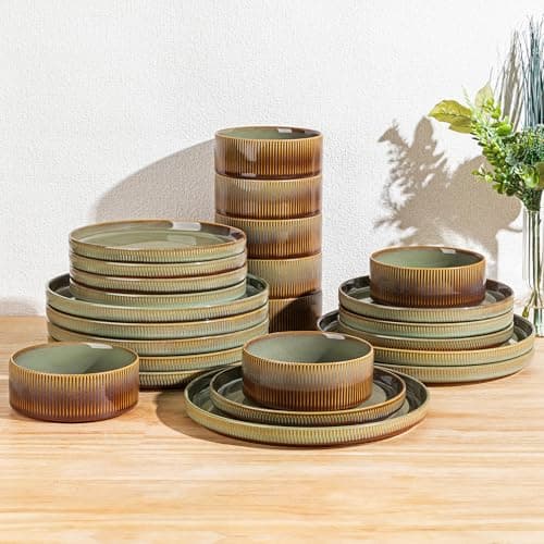 TheTerra Ceramic Dinnerware Sets for 8, 24 Pieces Porcelain Lightweight Plates and Bowls Sets, Scratch Resistant Dish Set, Oven & Microwave & Dishwasher Safe, Sage Umber