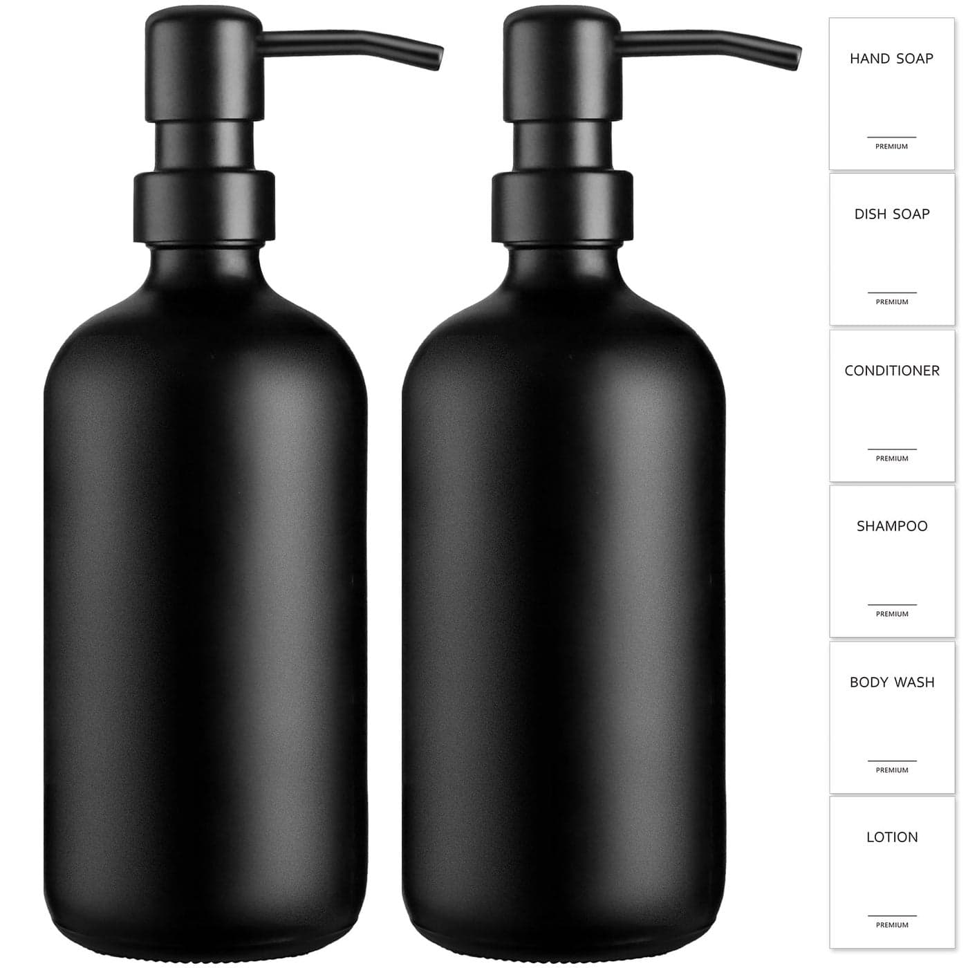 GMISUN Black Soap Dispenser, 2 Pack Matte Black Soap Dispenser Bathroom, 16 Oz Glass Soap Dispenser for Kitchen, Hand and Dish Soap Dispenser Set with Stainless Steel Pump, Modern Liquid Soap Bottle