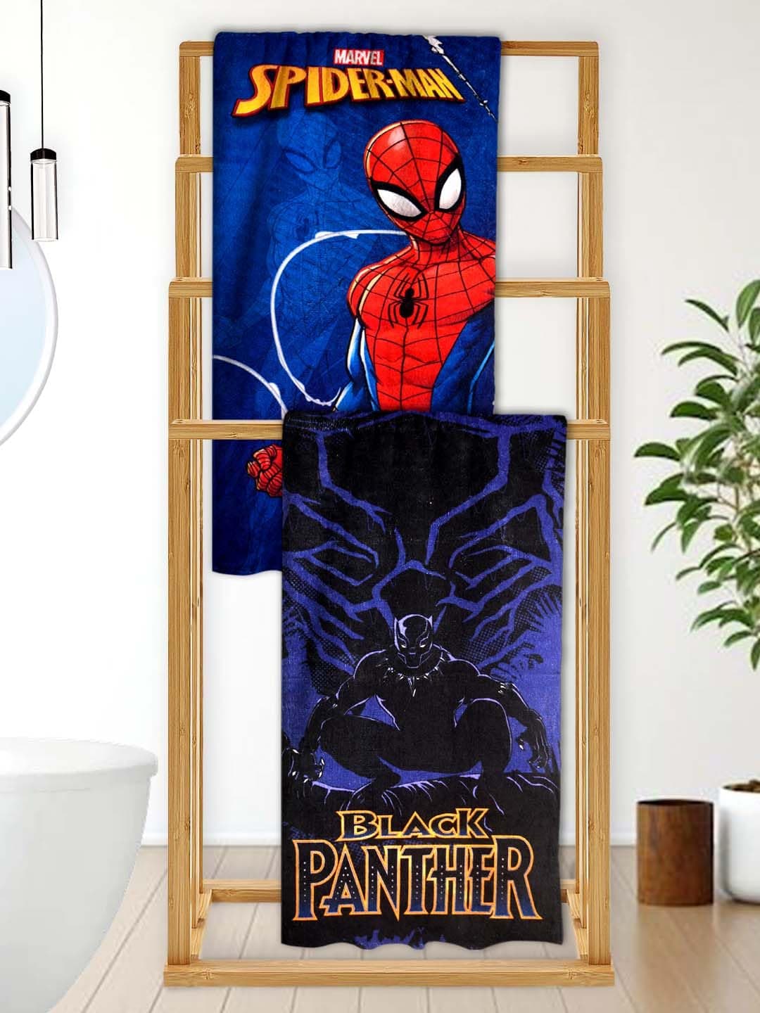 Athom Living Marvels Spiderman with Black Panther Themed Kids Bath Towel 60x120cm 350 GSM Soft Absorbent Multicolor Perfect for Boys and Girls Fun Vibrant Design Pack of 2