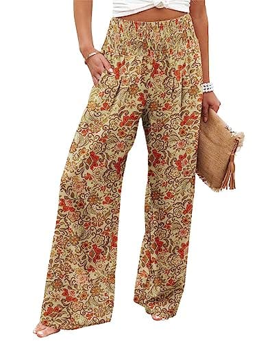 Floral Print Pants for Women High Waisted Business Casual Wide Leg Pants Work Pants Loose Flowy Summer Beach Pants Yellow L