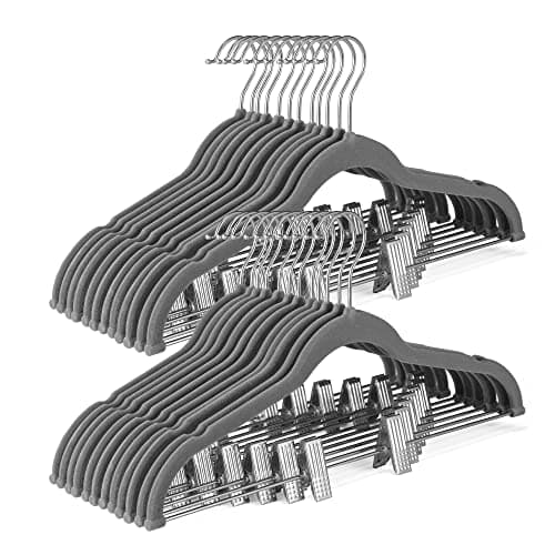 HOUSE DAY Velvet Skirt Hangers 24 Pack Gray Hangers with Adjustable Clips Space Saving Slim Velvet Pant Hanger Heavy Duty Non Slip Clip Hanger for Pants Skirts Shorts