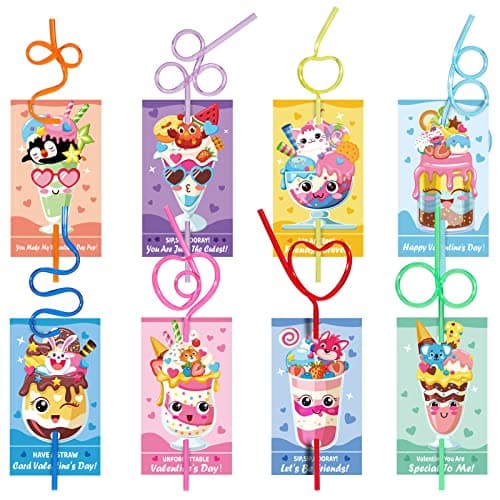 Qpout 32 Pack Valentines Day Cards for Kids Valentine Exchange Cards with Colorful Reusable Crazy Drinking Straws for Classroom Game Prizes Valentine Party Favors
