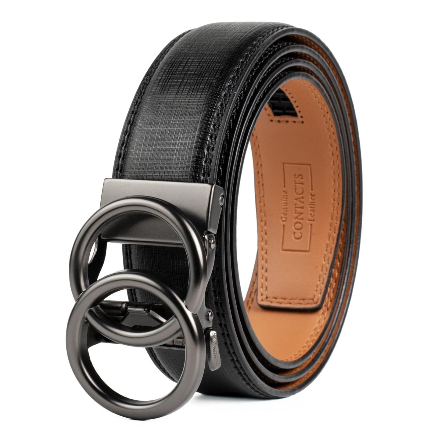 Contacts Men's Genuine Leather Ratchet Belt | Automatic Buckle with Dual Ring Design | Stylish Adjustable Belt for Jeans, Trousers & Formal Wear (Matte Gunmetal)