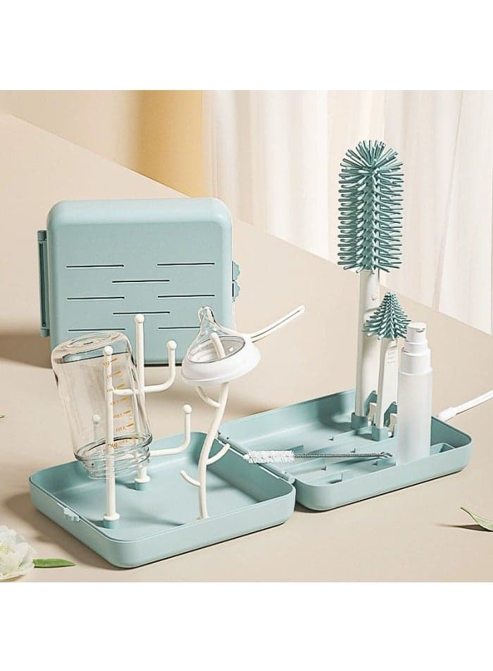 Bottle Brush Set -Baby Travel Essential-6 in 1 Bottle Cleaner Kit with Silicone Bottle Brush,Nipple Cleaner Brush,Straw Brush,Soap Dispenser,Storage Box,Bottle Drying Rack for Home and Travel
