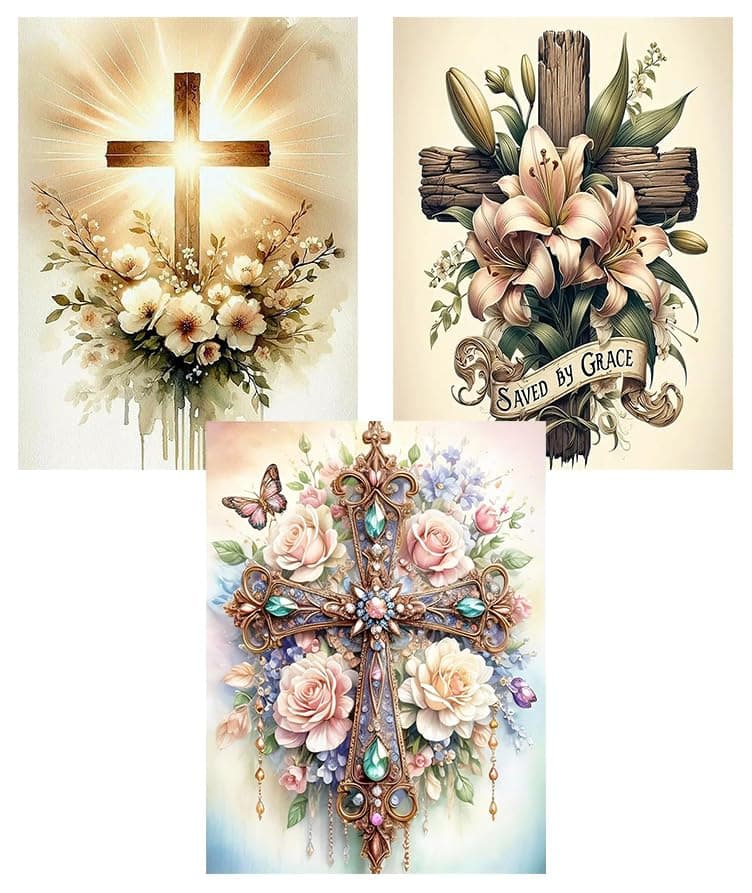 EIBEILI 3 Pack Cross Diamond Art Kits for Adults - 5D Diamond Paintings for Beginner,DIY Flowers Round Full Drill Dots Pictures Gem Art Painting Kits for Home Wall Decor 12x16inch