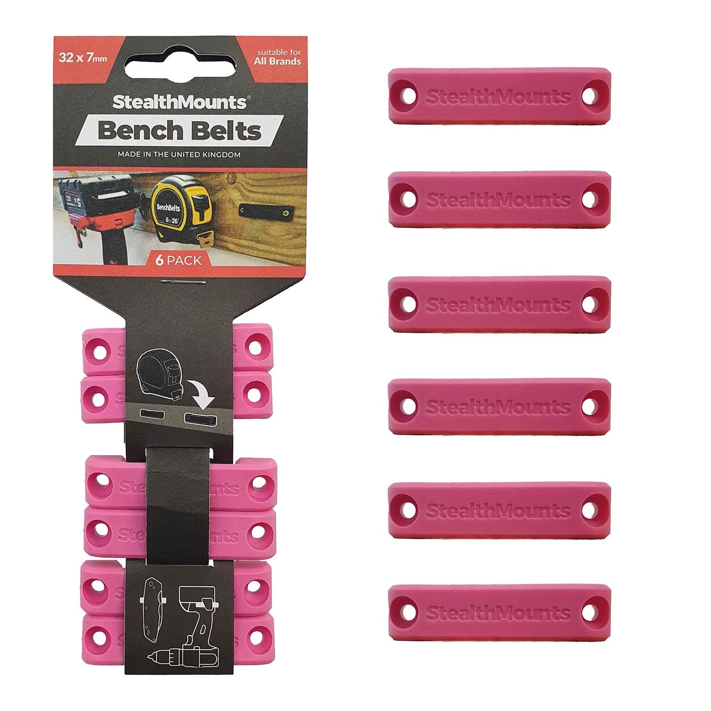 StealthMounts Bench Belt Universal Tool Holder Tool Holster Set 6 Pack Perfect Tool Hanger Storage Dock for Power Tools Tape Measures and Belt Clips Pink
