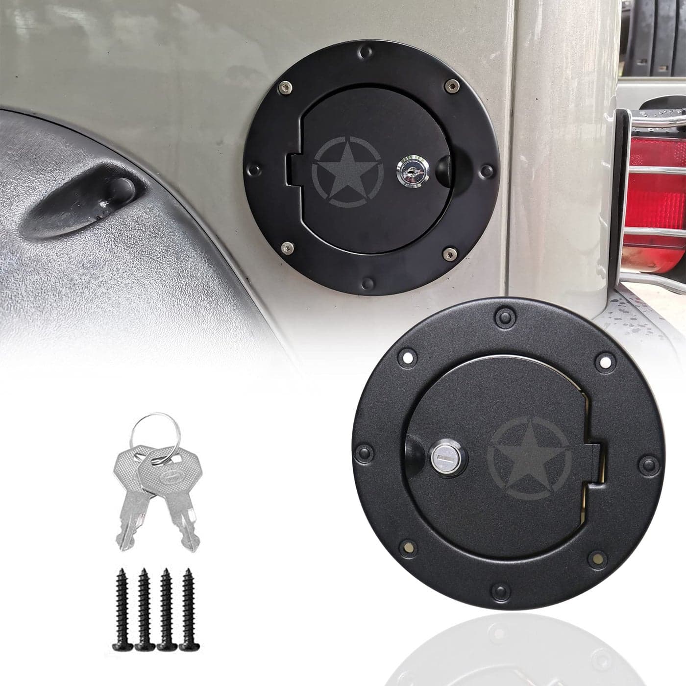sukemichi TJ Gas Cap Cover For Jeep Locking Fuel Filler Door Gas Tank Cover For 19972006 Jeep Wrangler TJ Accessories Aluminum 1 Pack Star