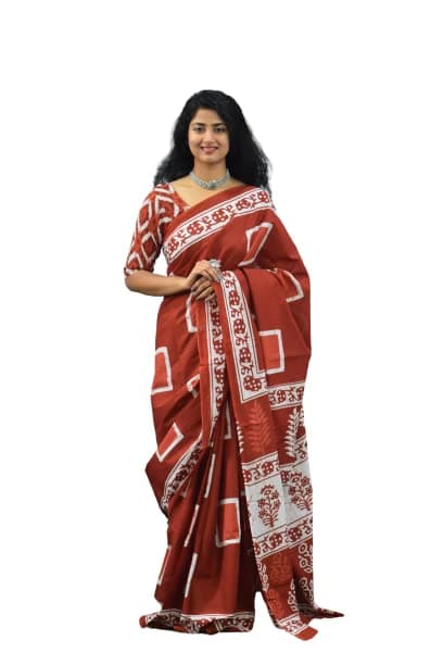 JALTHER Handicrafts Women's Ikat Hand Block Print Jaipuri Cotton Mulmul Saree with Blouse Piece - Maroon_113