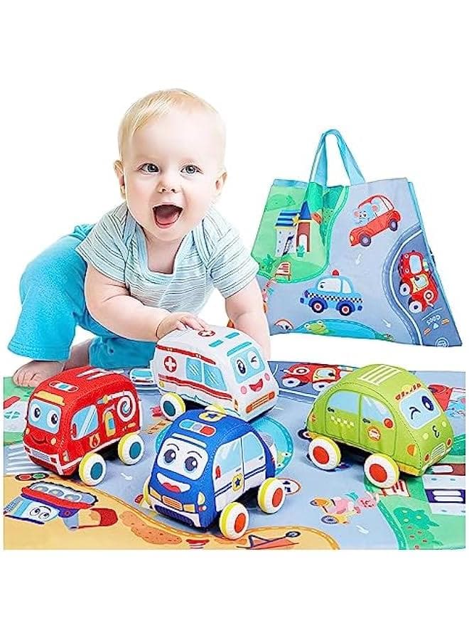 Baby Toy Soft Pull Back Cars Toys for Toddlers 1-3,Toy Cars for 1 2 3 Year Old Boys Girls, 4 Vehicles with Play Mat/Storage Bag, Baby Boy Girl Car Toys 6 9 12 18 Months