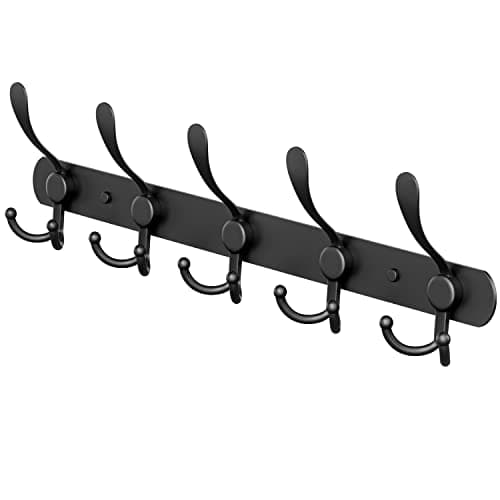 Coat Rack Wall Mount with 5 Tri Hooks, Stainless Steel 16 Inch – Black Matte Finish, Heavy Duty Wall Mounted Hook Rack for Coats, Hats, Towels, Scarfs, Robes, Bags, Entryway & Bathroom