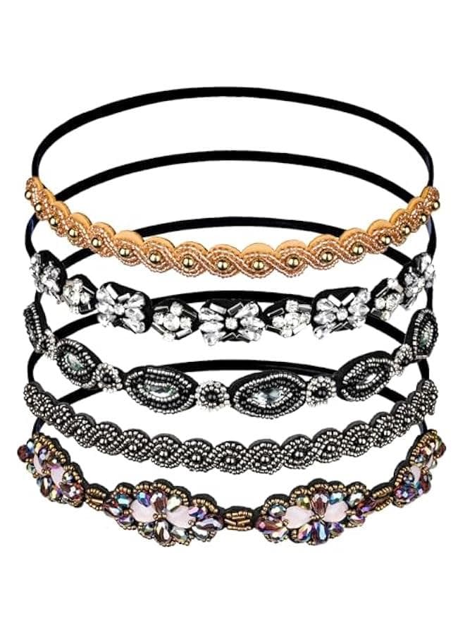 Elastic Beaded Headbands, 5pcs Beads, Crystal Rhinestone for Women Girls