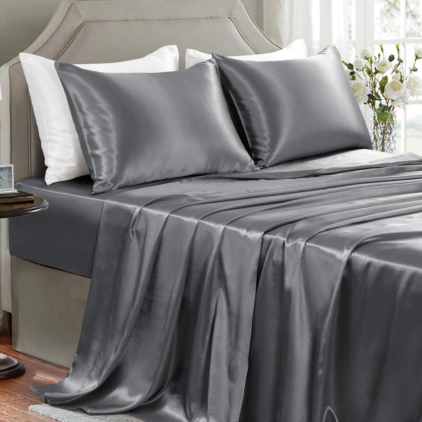 GOLAL Satin Sheets Full Size 4 Pieces Luxury Silky Soft Bed Sheets WrinkleFree Dark Grey Satin Silk Sheet Set with 1 Deep Pocket Fitted Sheet 1 Flat Sheet 2 Pillow Cases