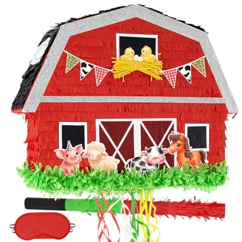 WERNNSAI Red Farm Animal Piata Farm Baby Shower Decorations Animal Piata Party Game for Kids Birthday Celebrations Milk Farm Party Favor Supply with Bat Blindfold