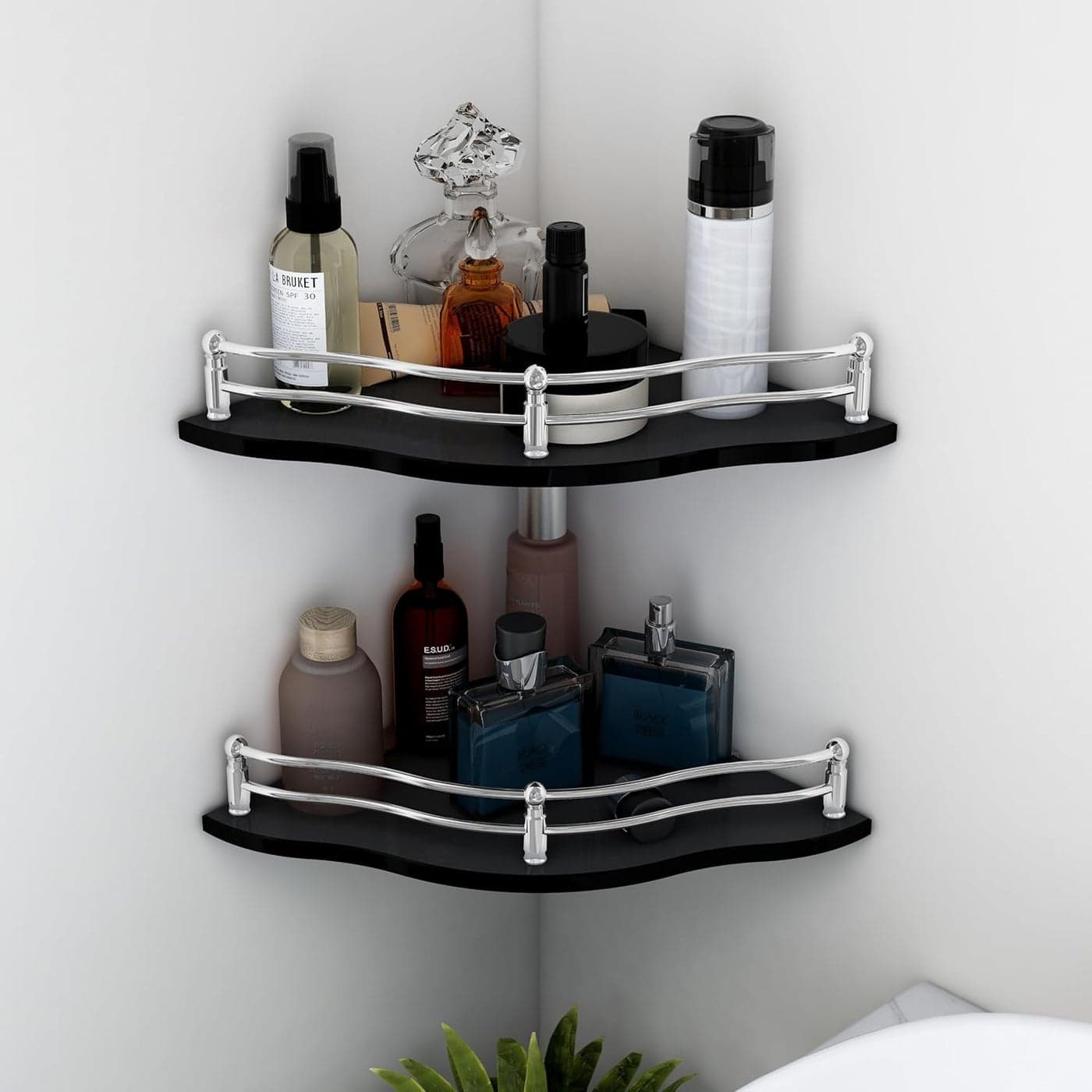 Plantex Flower Shape Bathroom Corner Shelf for WallGlass Shelf for Living RoomKitchen Storage Rack 9x9 Inches Black Pack of 2