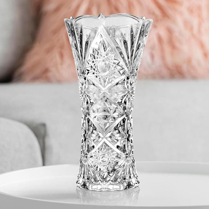 India Glass Dimond Cut Flower Vase Crystal Clear 11 Inch Flower Vase for Dining Table Decoration Clear Crystal VaseOrchid Pattern Glass Vase for Centerpieces Modern Flower Vase Decorative