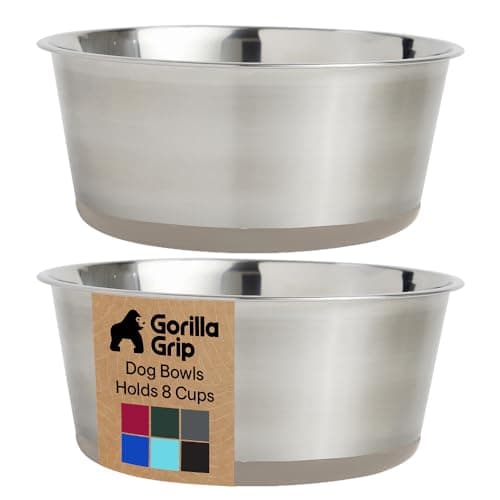 GORILLA GRIP Dog Bowls Food Grade 304 Stainless Steel Holds 8 Cups Each 64 fl oz Food and Water Bowl for Feeding Dogs and Cats Dishwasher Safe Rust Resistant BPA Free Rubber Base Set of 2 Beige
